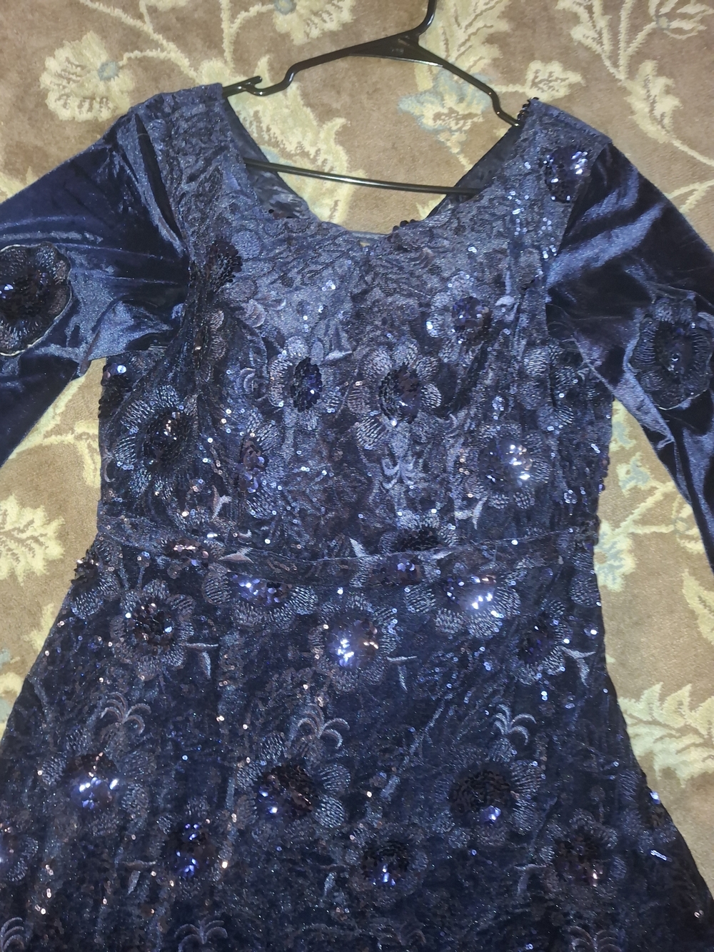 Stunning Navy Blue Velvet & Sequin Embroidered Formal Dress / Gown
